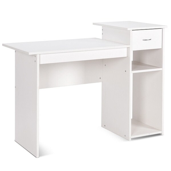 White Compact Computer Desk PC Latop Table w/ Drawer 2 Shelves for Small Spaces 