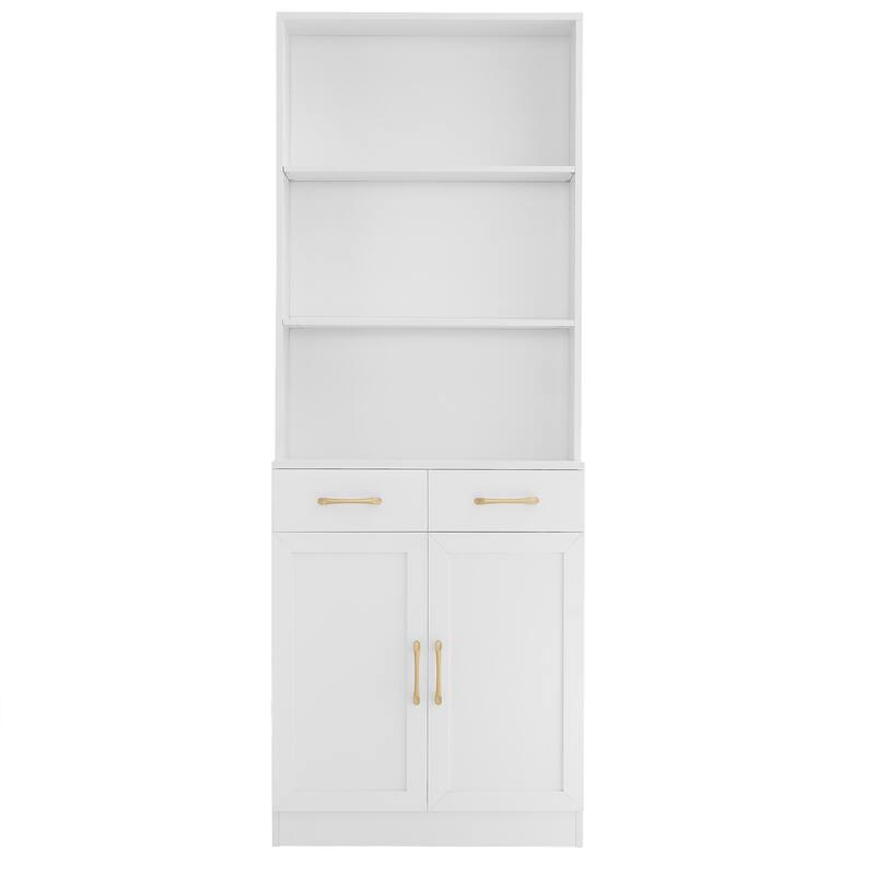Bookshelf with Two Doors and Drawers, Adjustable Shelf, Three-layer Open Shelf