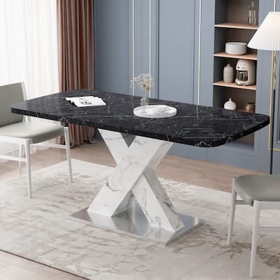 Retractable Modern Square Dining Table, Marble Top + X-Shaped Legs, Metal Base Coffee Table Office Desk Guest Table