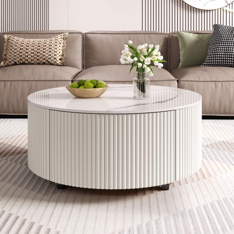 Modern Round Coffee Table with Casters, 2-Drawer Mobile Table with Marble Pattern Sintered Stone Top