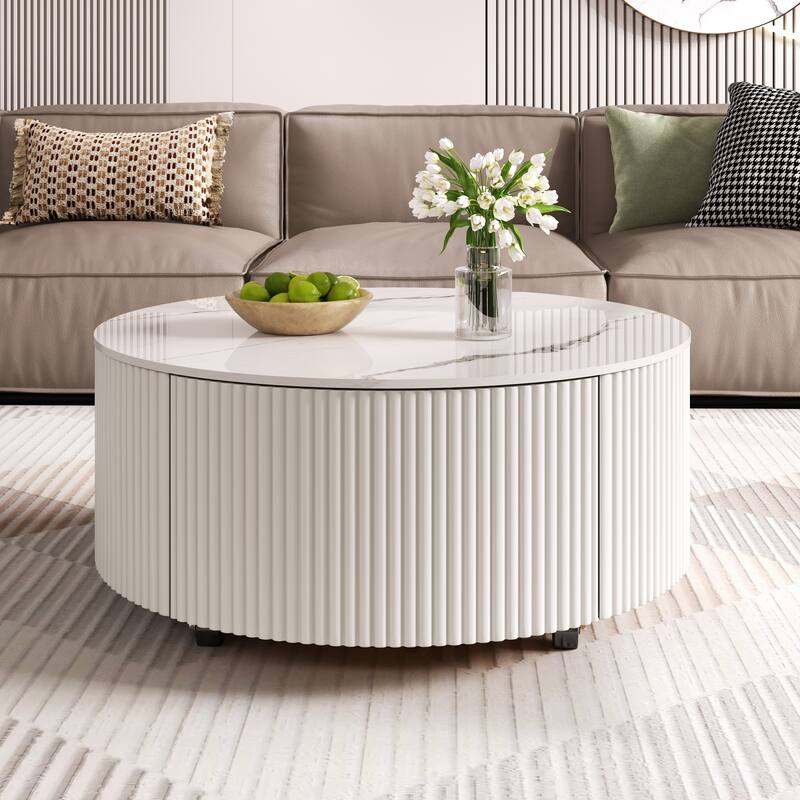 Roomfitters Round Coffee Table with Marble Top, Modern Center Table with Storage & Casters for Living Room
