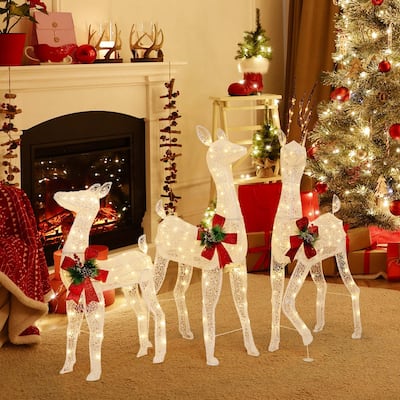3 PCS Pre-lit Christmas Reindeer 3D Lighted Glitter Deer Decoration - White