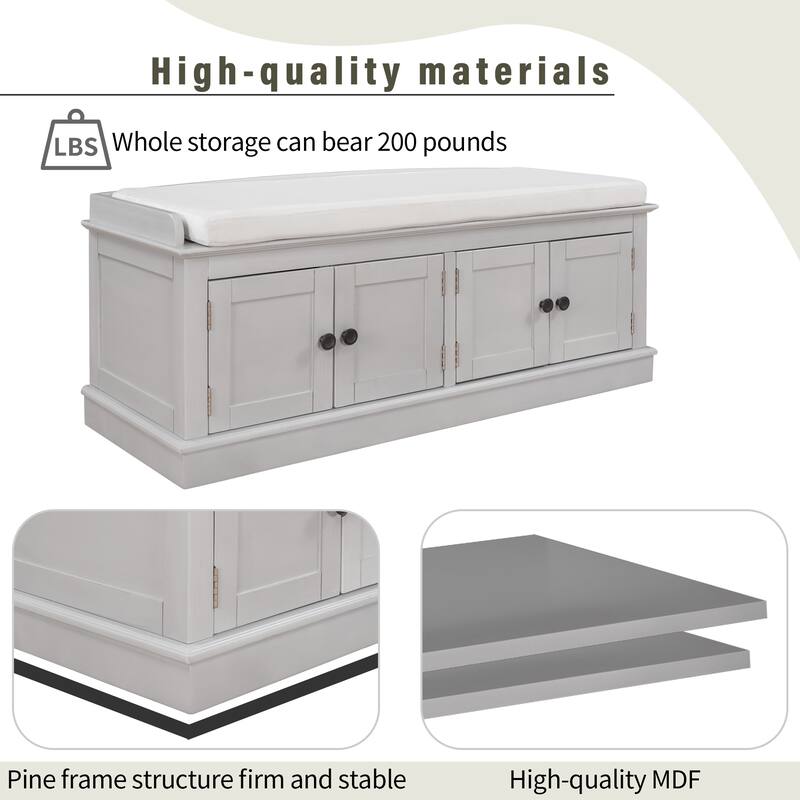 4-door Storage Bench with Adjustable Shelves and Removable Cushion - 42.7"L x 15.9"W x 17.4"H