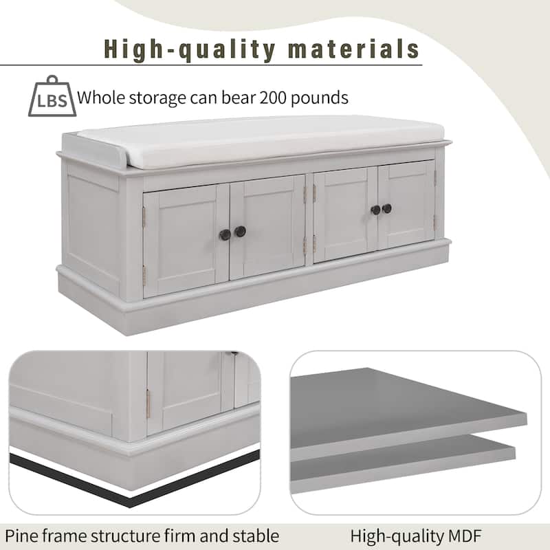 Entryway Storage Bench with 4 Doors and Adjustable Shelves, Shoe Bench Shoe Cabinet Storage Ottoman with Removable Seat Cushion