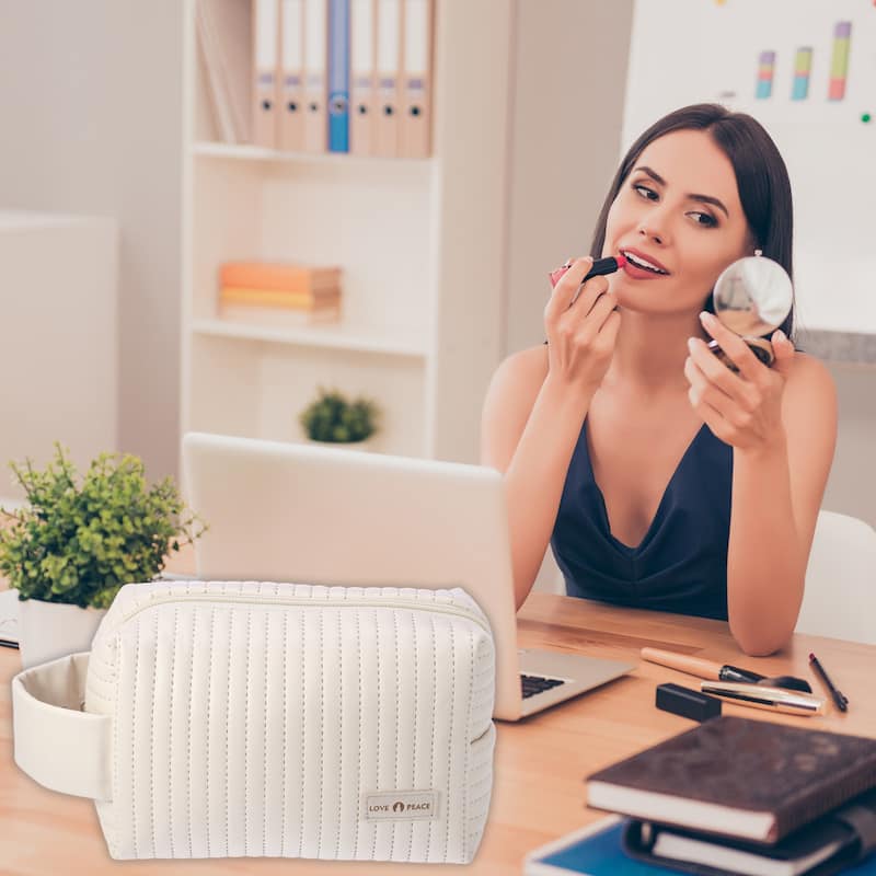 Faux Leather Makeup Bag Make Up Organizer Bag Toiletry Bag for Women - Beige