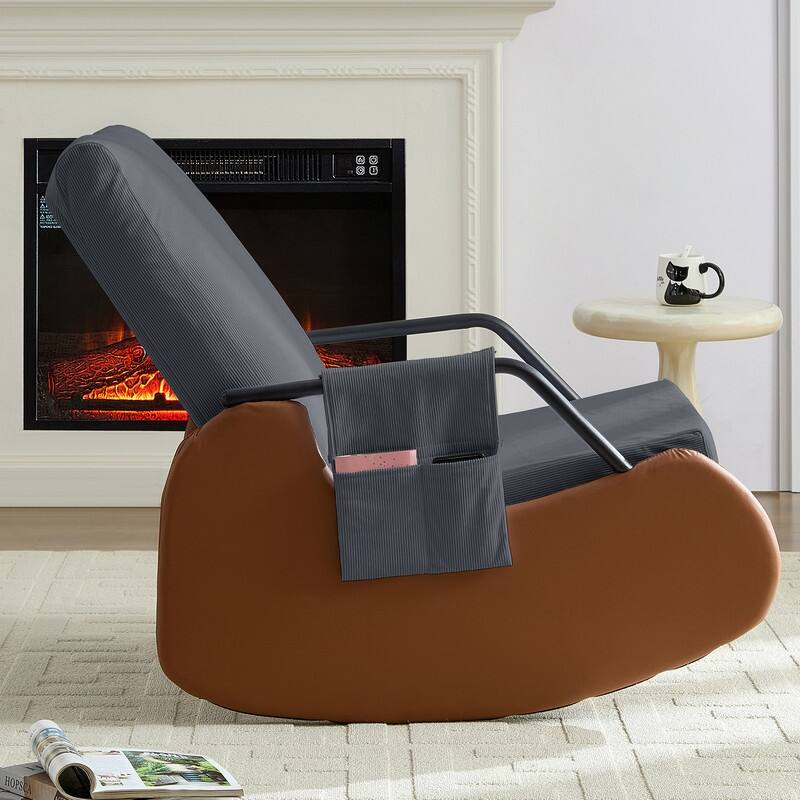 Mixoy Corduroy Upholstered Rocking Chair with Wooden Legs Wrapped in Leather,Adjustable Footrest
