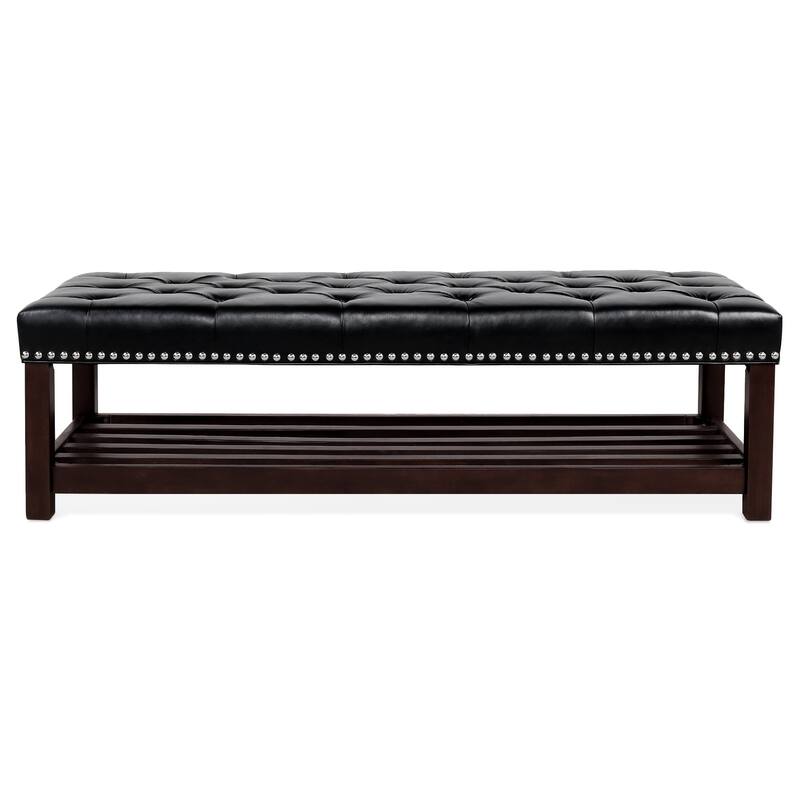Comfortable Ottoman Bench Upholstered Seat with Solid Wood Frame, Entryway Footrest Seat with One Shelf at Bottom