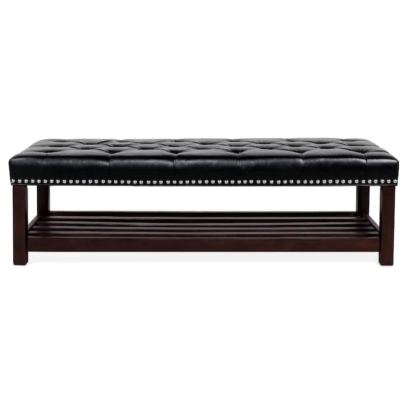 Wooden Base Upholstered Bench for Bedroom for Entryway,60" with Nailhead Trim and Shelf