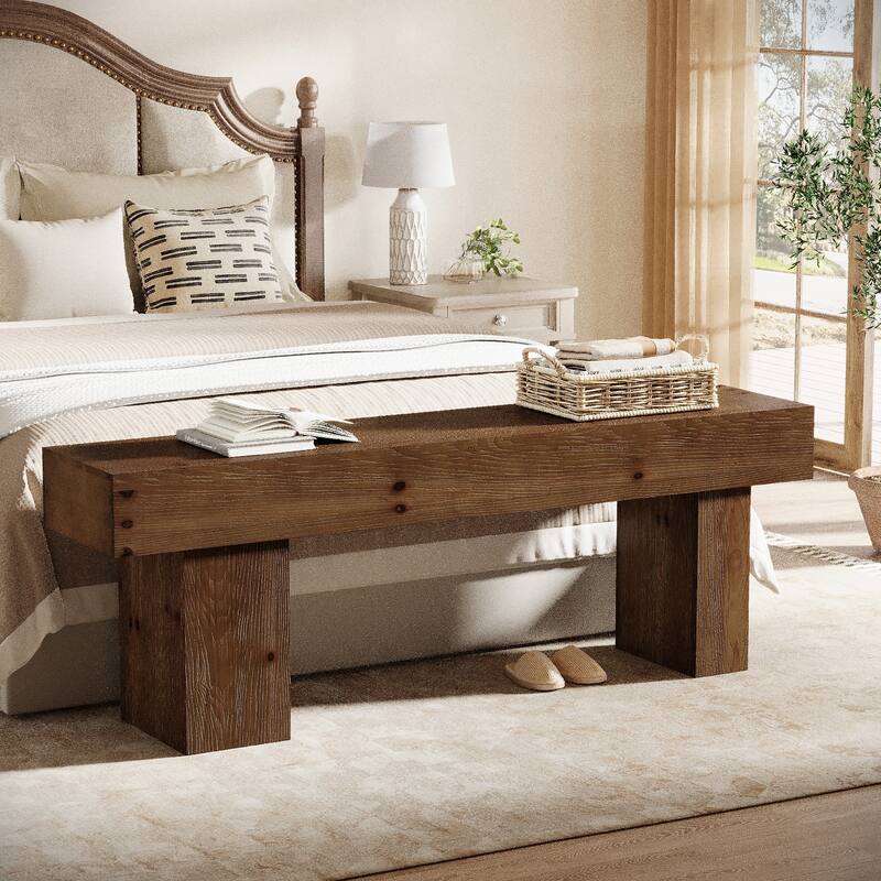 63" Solid Wood Entryway Bench, Extra Long Bed End Dining Bench for Kitchen Living Room Bedroom - Walnut