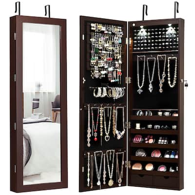 Costway Wall Mount Mirrored Jewelry Cabinet Organizer LED Lights