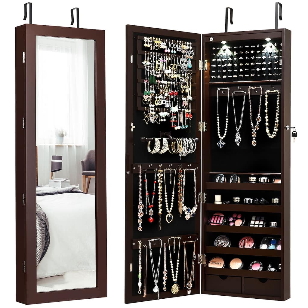 Costway Wall Mount Mirrored Jewelry Cabinet Organizer LED Lights