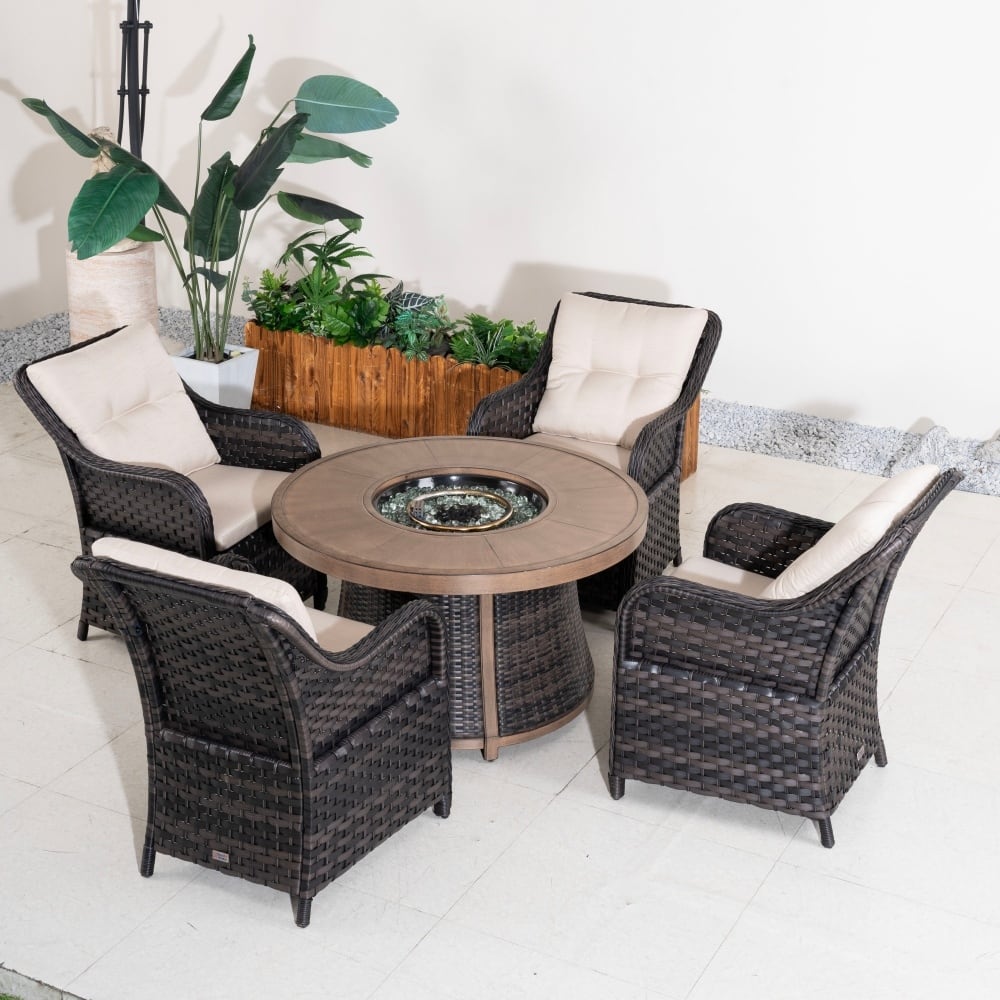 5-piece Modern Patio Round Fire Pit Table Set with 4 Wicker Chairs