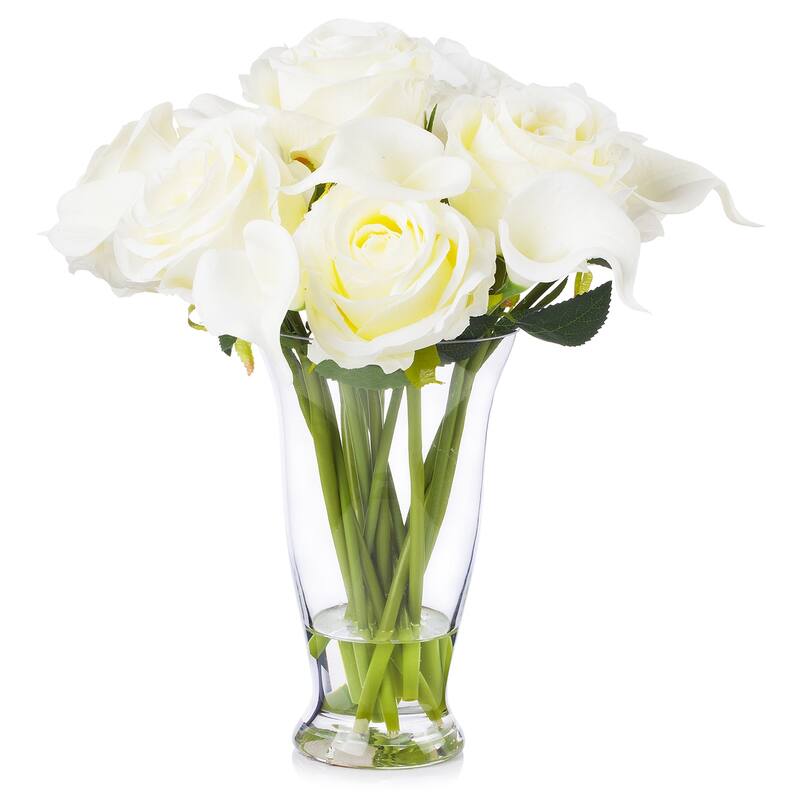Enova Home Artificial Mixed Real Touch Lily and Silk Roses Fake Flowers Arrangement in Clear Glass Vase for Home Office Decor