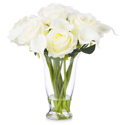 Enova Home Artificial Mixed Real Touch Lily and Silk Roses Fake Flowers Arrangement in Clear Glass Vase for Home Office Decor