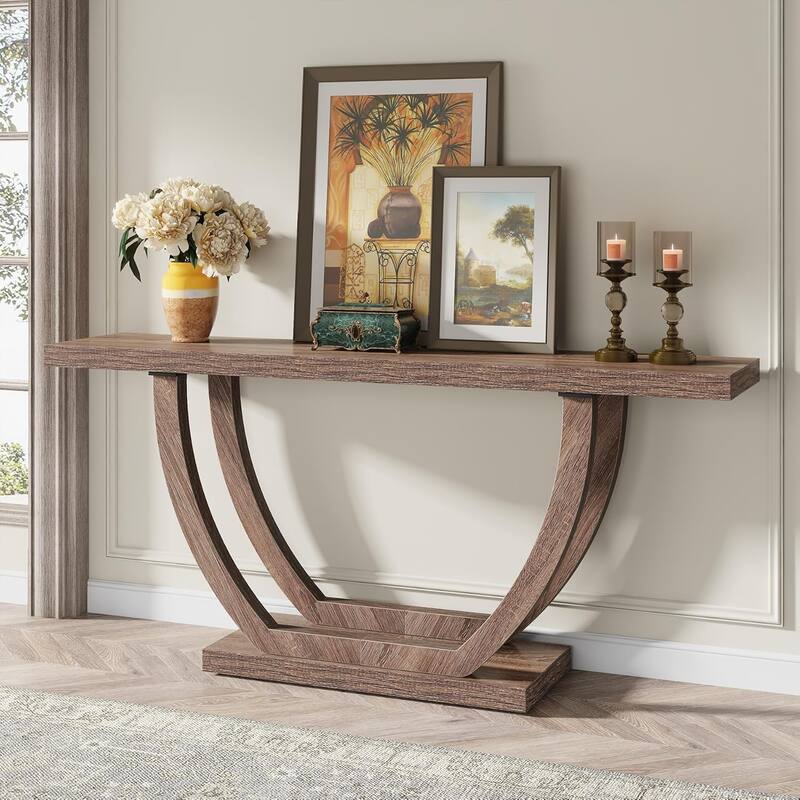63 Inches Skinny Console Table with Geometric Base for Living Room Foyer