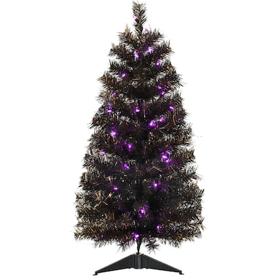 Haunted Hill Farm 3-Ft. Spooky Black Tinsel Tree, Purple LED Lights