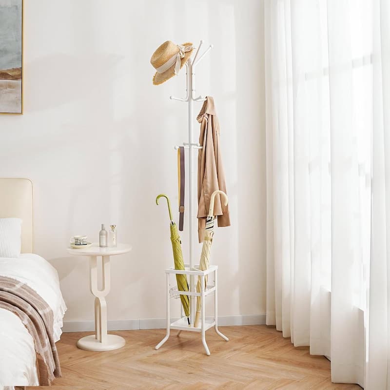 Metal 12-Hook Coat Rack Hall Tree with Umbrella Holder and Tray - 13.7" D × 13.7" W × 73.6" H