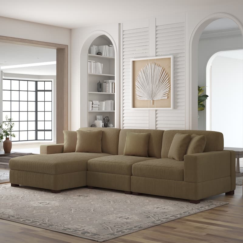 118" W Corduroy L-shape Modular Sectional Sofa with Pillows - Camel - Left Facing