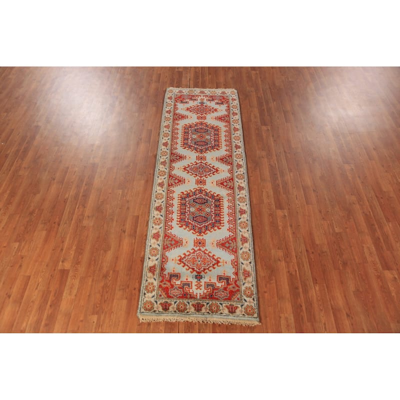 Geometric Viss Indian Runner Rug Hand-Knotted Beige Wool Carpet - 2'6"x 7'11"