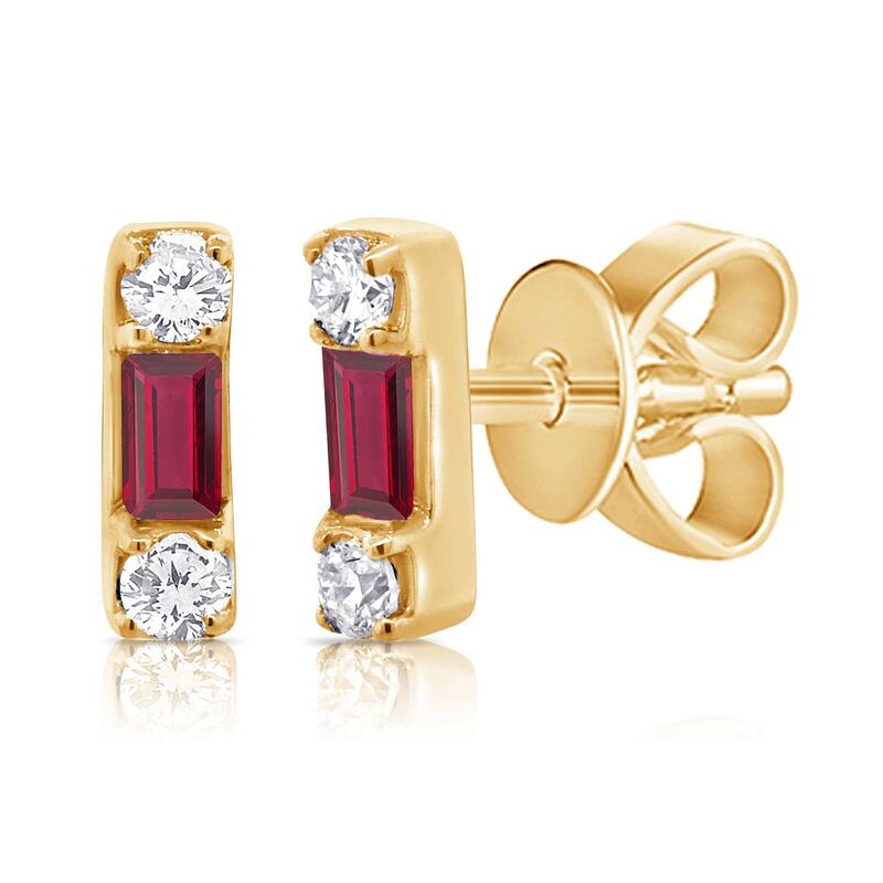Joelle Collection Diamond & Red Ruby Baguette Tiny Stud Earrings 14K Gold - Yellow