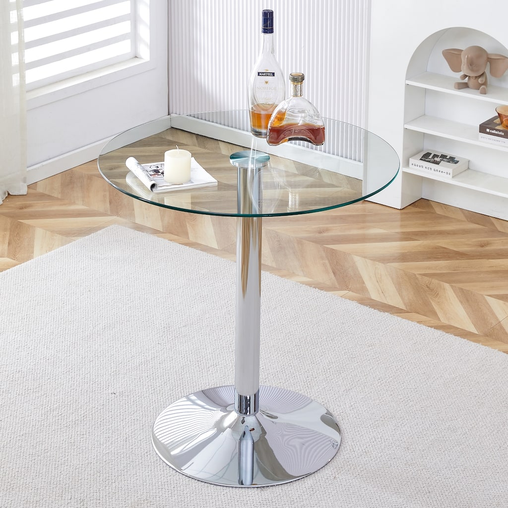 Roomfitters Small Round Glass Dining Table with 35 Inch Top and Electroplated Silver Metal Legs for Office or Home, Transparent