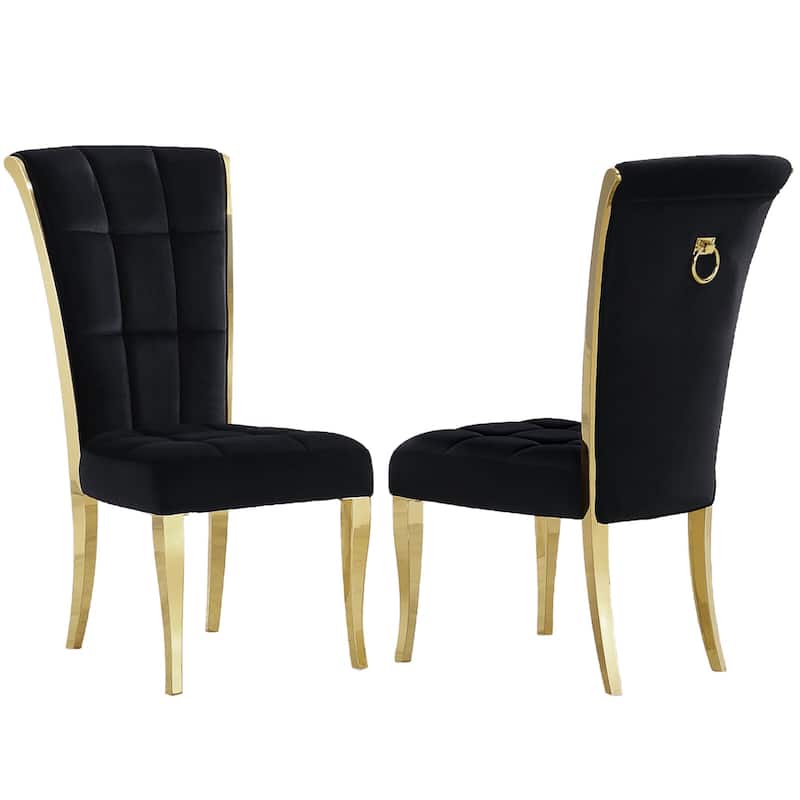 Black Velvet Dining Chairs with Pull Ring on Back and Metal Legs - Short - Black - Set of 2