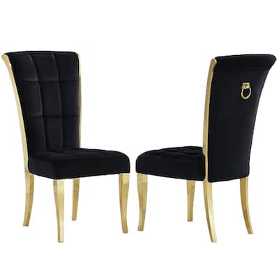 Black Velvet Dining Chairs with Pull Ring on Back and Metal Legs
