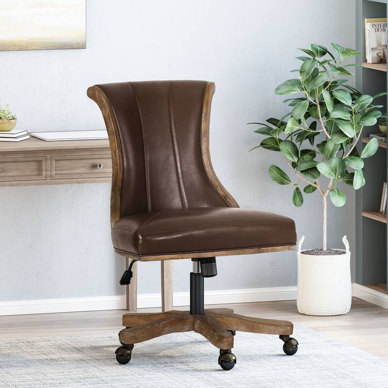 Coulee Upholstered Roll Back Swivel Office Chair by Christopher Knight Home - 24.75" L x 27.75" W x 35.50-40.00" H - Dark Brown + Natural _ Faux Leather