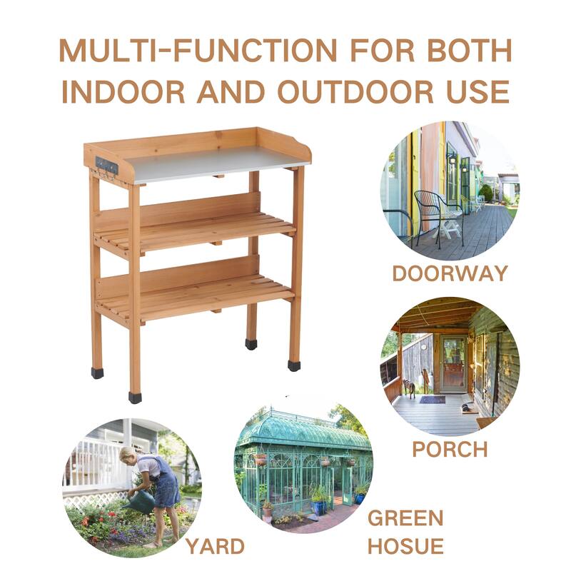 30"x14.5"×35.5" Potting Table w/Metal Tabletop, 3 Layers Outdoor Work Bench w/Hook for Garden, Solid Wood Workstation for Garage
