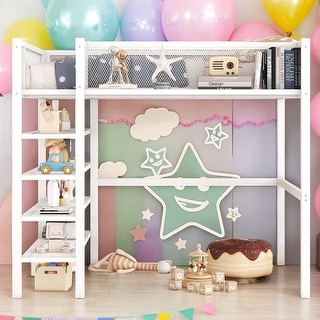 Modern Full Size Loft Bed with 4-Tier Shelves and Storage and 4-step Ladder for Bedroom