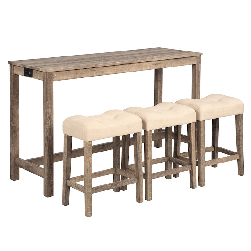 GDFStudio - Calverly 4-Piece Industrial Bar Table Set with USB Power Station and 3 Linen Upholstered Stools