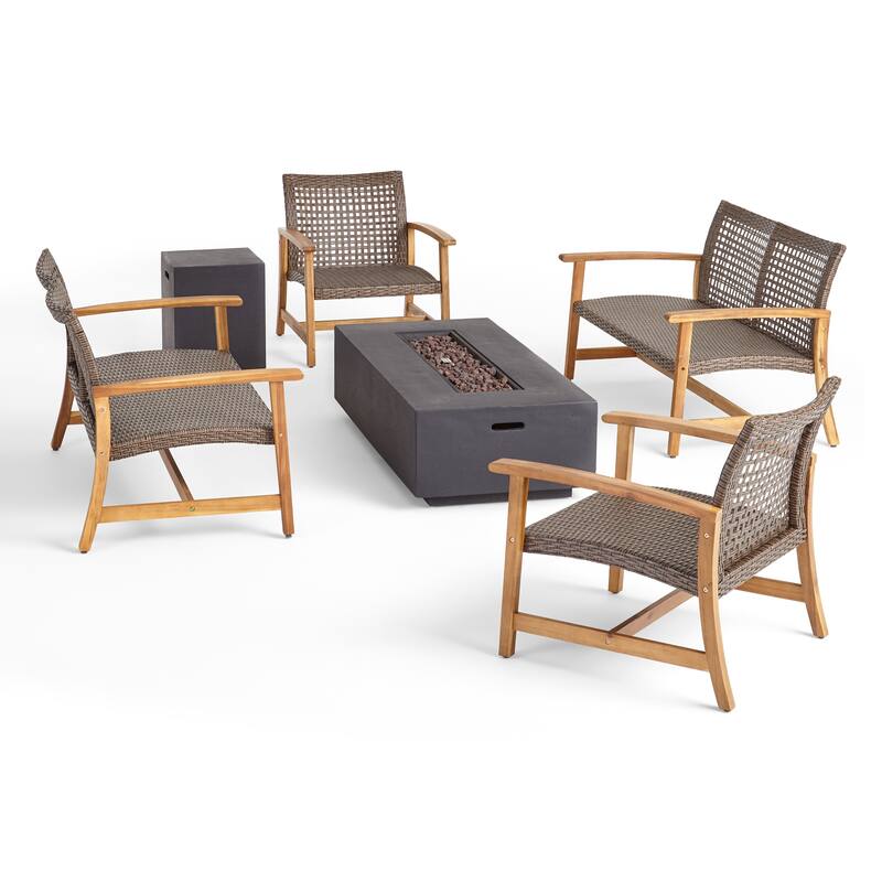 Augusta Outdoor Acacia Wood and Wicker 6 Seater Chat Set with Fire Pit by Christopher Knight Home