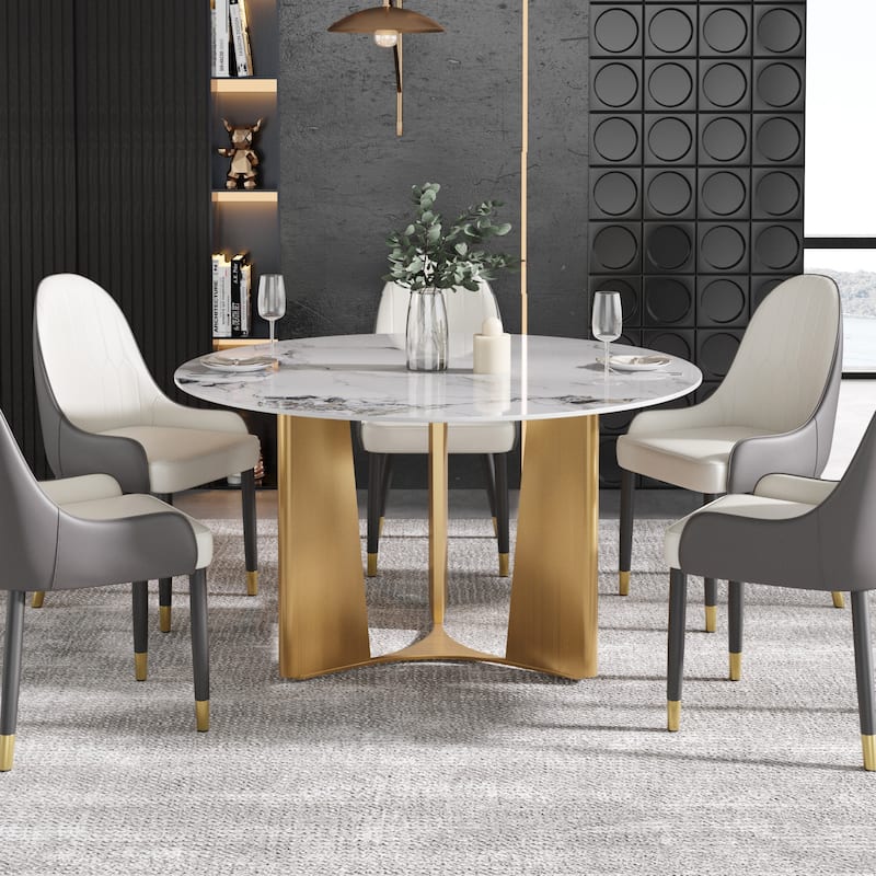53" Modern Round Dining Table with Marble Top for 4-6, Sintered Stone Kitchen Table with Dining Table with Metal Legs