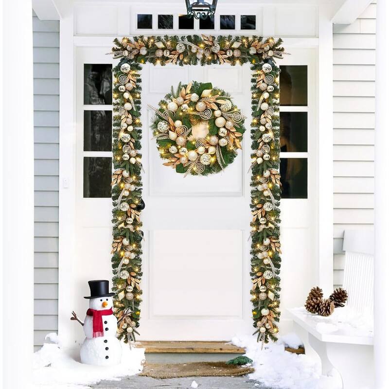 6 Ft Lighted Christmas Garland with Gold Leaves & Ball Ornaments - N/A
