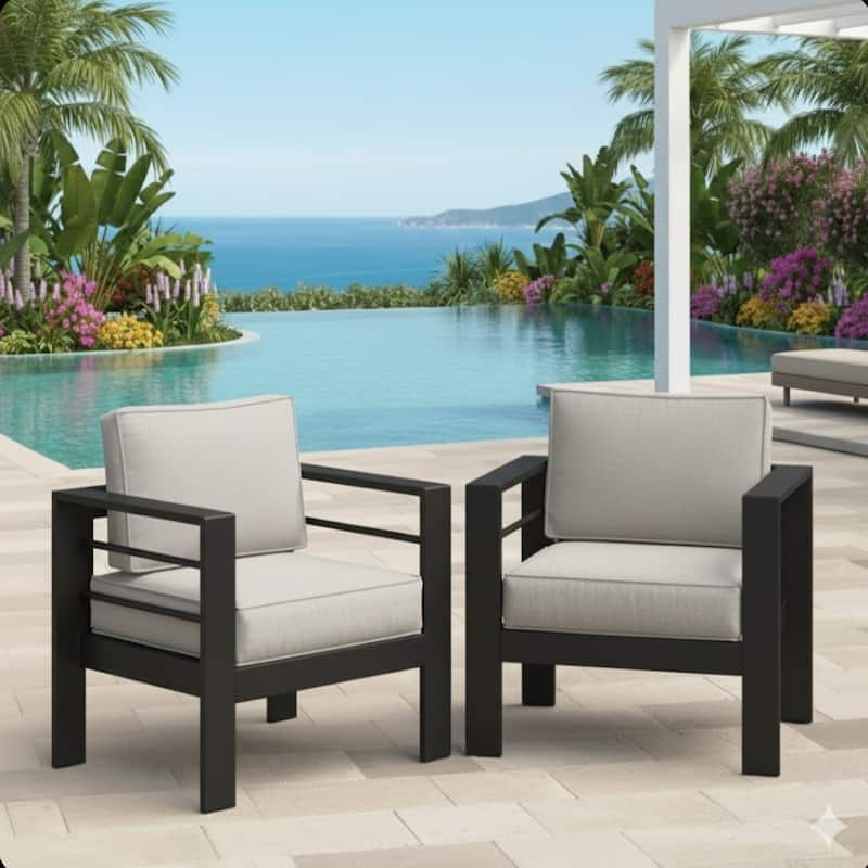 Set of 2 28" Metal Patio Armchairs with Thick Light Gray Cushions Black Frame