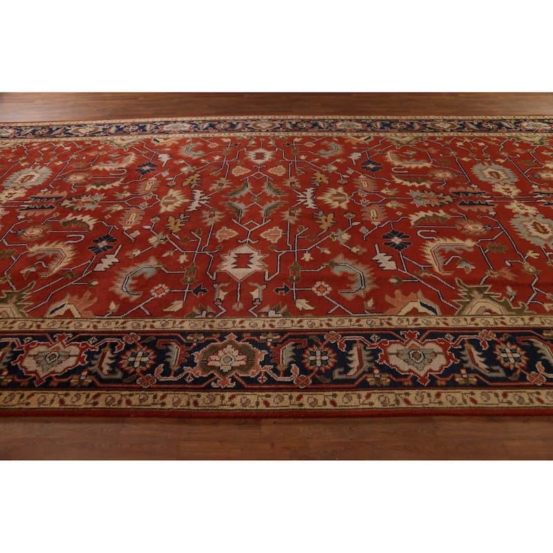 Floral Heriz Serapi Indian Large Area Rug Hand-Knotted Wool Carpet - 8'11"x 17'11"