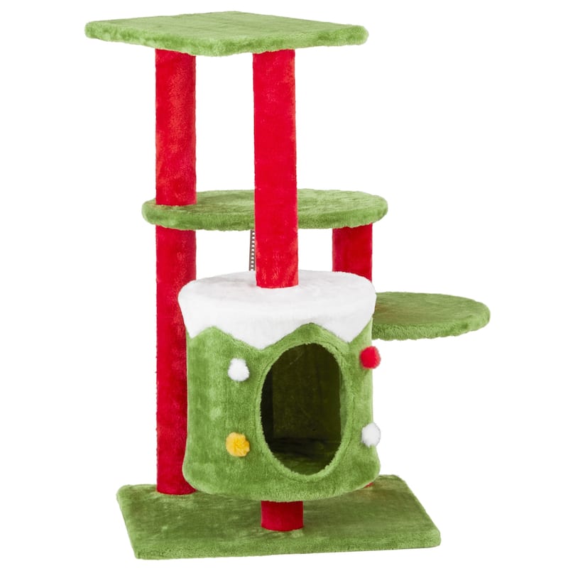 Christmas Themed Cat Tower With Cat Condo, 3-Level Plush Cat Tree Activity Center For Indoor Cats - (27.6 x 23.6 x 32.7) in