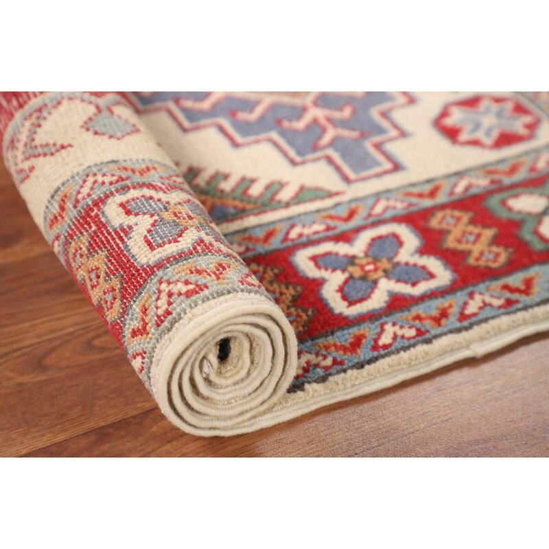 Ivory Geometric Kazak Accent Rug Hand-Knotted Wool Carpet - 2'7" x 4'3"