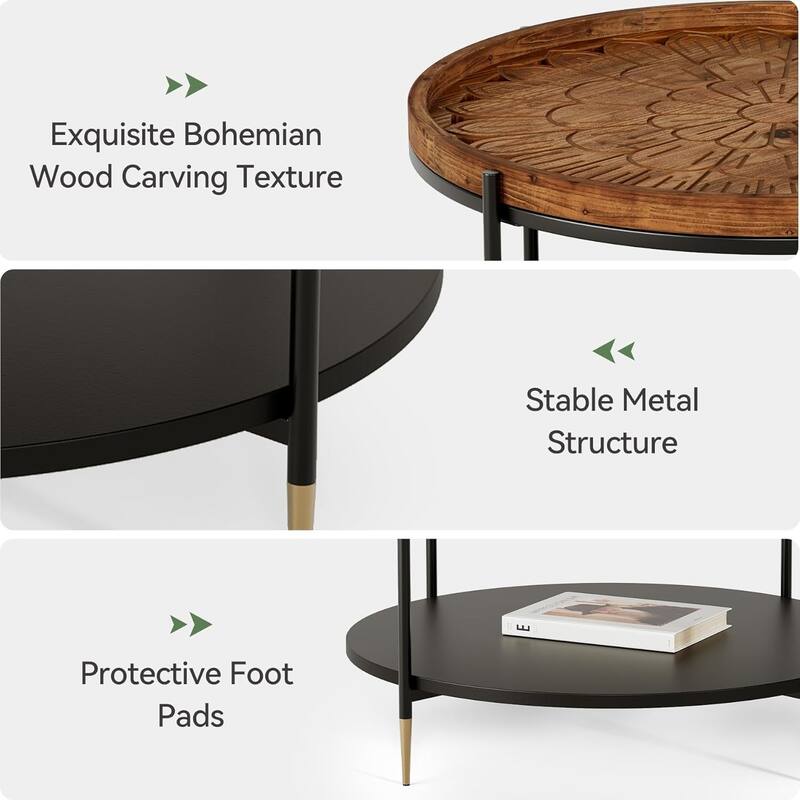 31.5-Inch Boho Solid Wood Round Coffee Table with Metal Storage Frame & Carved Floral Pattern for Small Spaces, Apartment