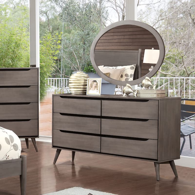 Fopp Mid-Century Modern Solid Wood 6-Drawer 2-Piece Dresser and Oval Mirror Set by Furniture of America - Grey