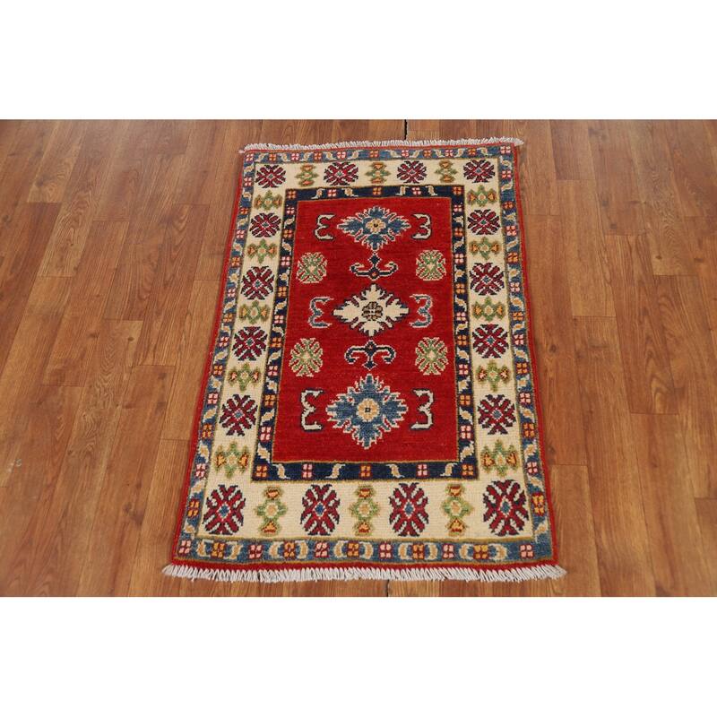 Red Geometric Kazak Foyer Rug Handmade Wool Carpet - 2'0" x 3'0"