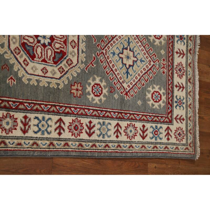 Gray Geometric Kazak Runner Rug Handmade Wool Carpet - 2'9" x 16'5"