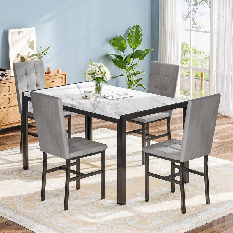 Grondin Faux Marble Kitchen Table And Chairs Set for 4, Modern Dining Room Table With 4 Armless Upholstered Dining Chairs