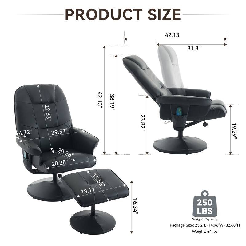 PU Leather 360° Swivel Massage Recliner Chair with Ottoman, Massage and Heated Seat, 140° Adjustable Backrest
