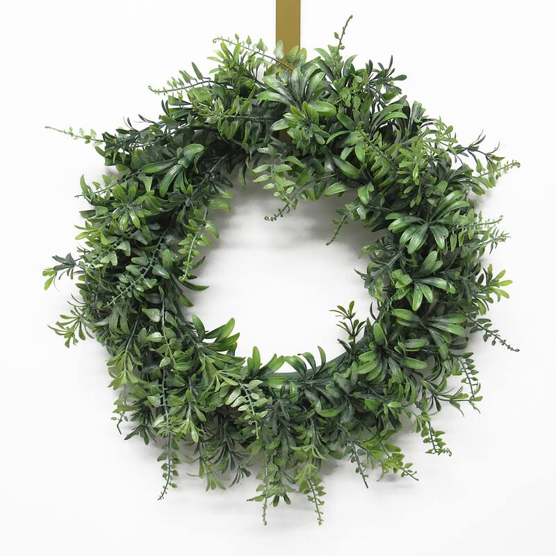Frosted Green Artificial Flowering Fern Mix Leaf Foliage Greenery Wreath 14in