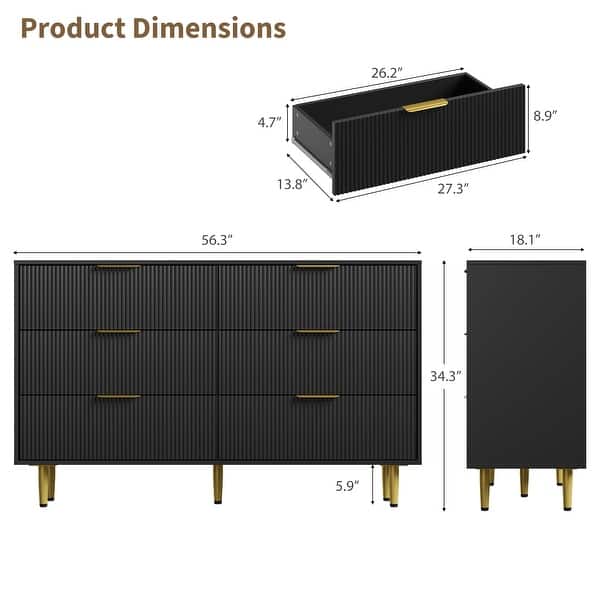 dimension image slide 14 of 15, Modern Natural Wood Color Fluted Dresser, Wooden Chest with Gold Metal Handles & Legs