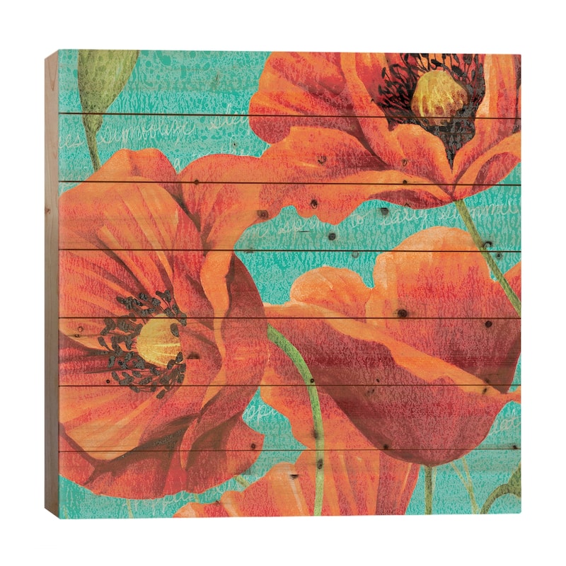 Red Poppies on Teal I Print On Wood by Studio W - Multi-Color - 26x26x1.5