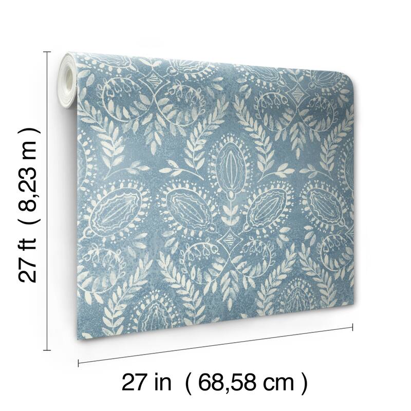 Eugene Blue Non-Woven Unpasted Bohemian Laurel Damask Wallpaper Covers about 60.75 sq. ft.