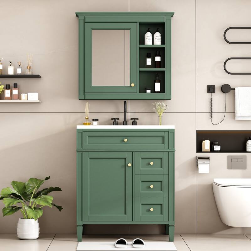 30'' Bathroom Vanity Set with Mirror Cabinet, Freestanding Bathroom Storage Cabinet with 2 Drawers and a Tip-out Drawer - Green