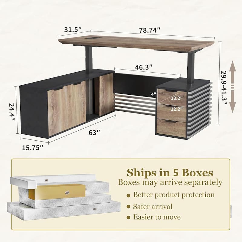 Adjustable Height Executive L Shaped Standing Desk w/ Cable Box Drawers Cabinets